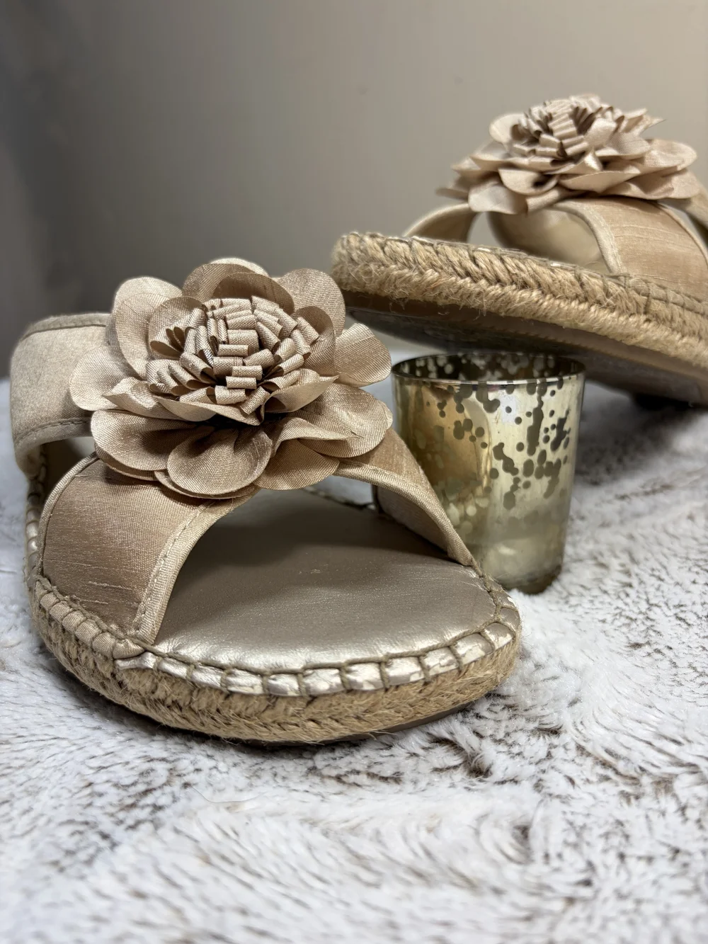 Life Stride Comfy Beige Espadrille Wedge Slides with Decorative Flower Size 11M